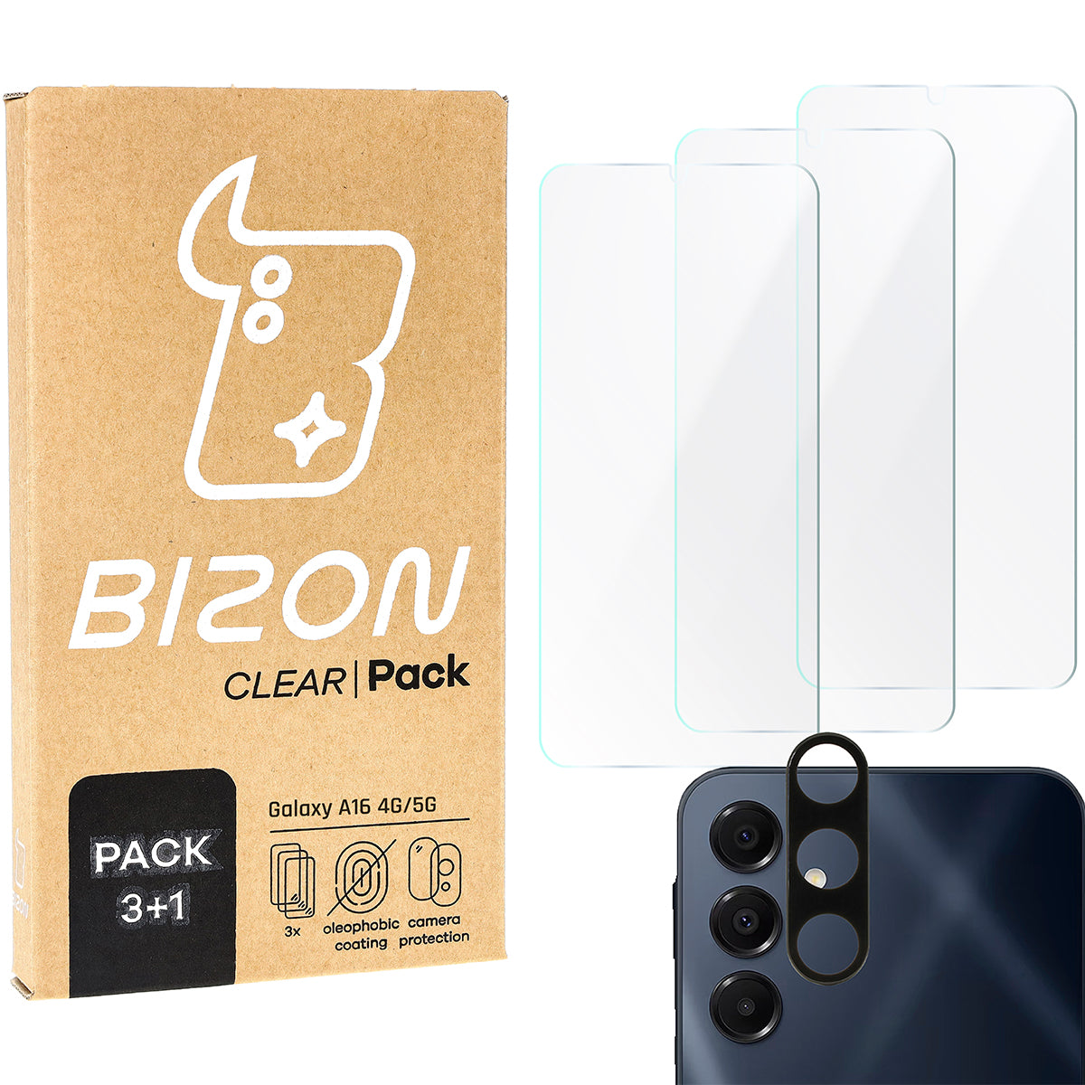 Gehärtetes Glas - 3 Stück + Kameraschutz für Galaxy A16 4G/5G, Bizon Glass Clear Pack