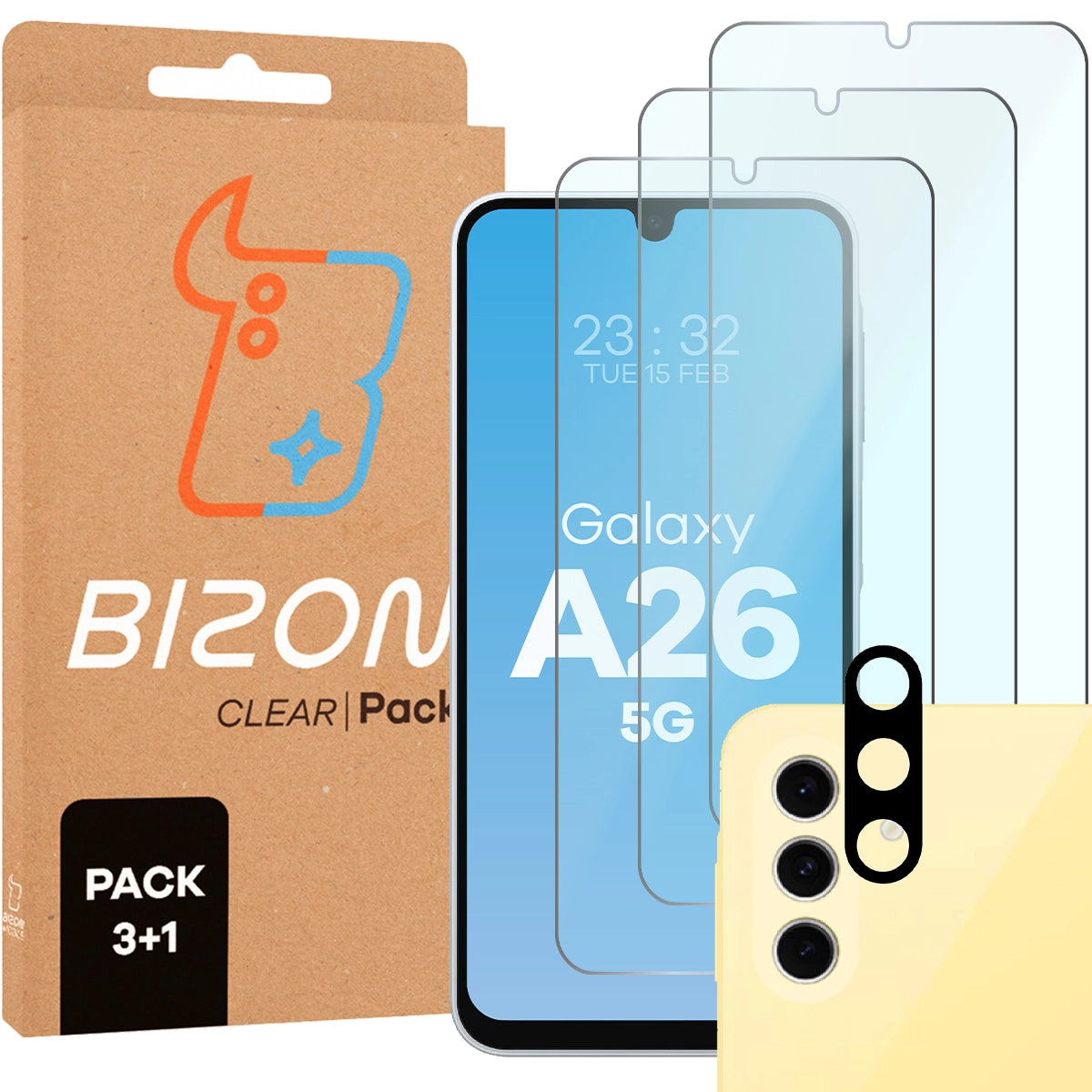 Gehärtetes Glas - 3 Stück + Kameraschutz für Samsung Galaxy A26 5G, Bizon Glass Clear Pack