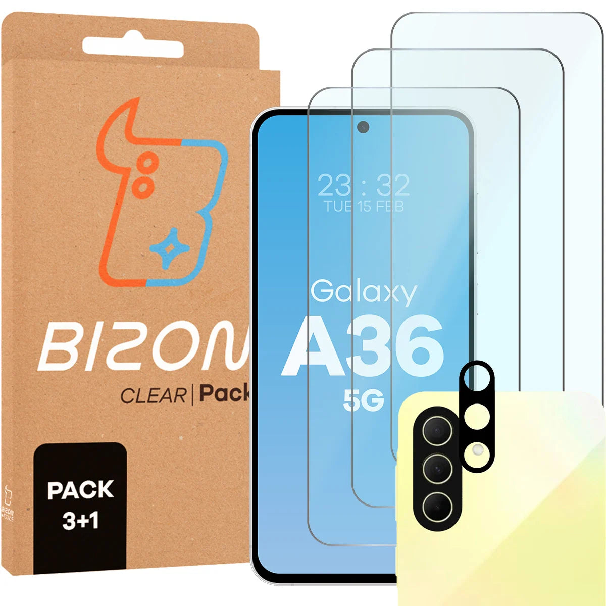 Gehärtetes Glas - 3 Stück + Kameraschutz für Galaxy A36 5G, Bizon Glass Clear Pack