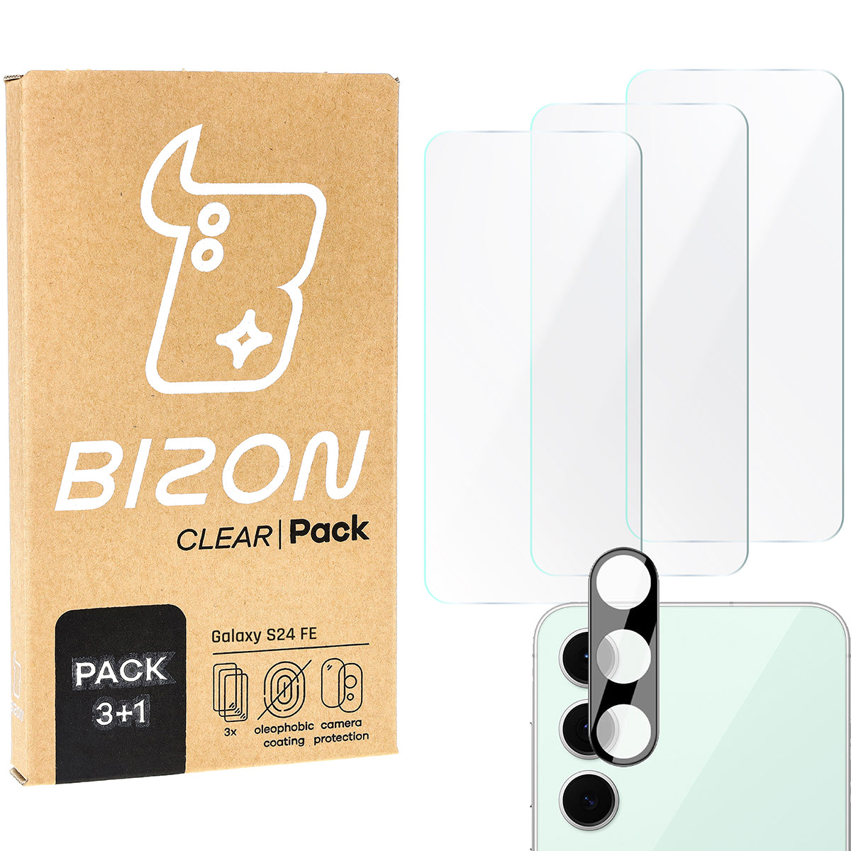 Gehärtetes Glas - 3 Stück + Kameraschutz für Galaxy S24 FE, Bizon Glass Clear Pack
