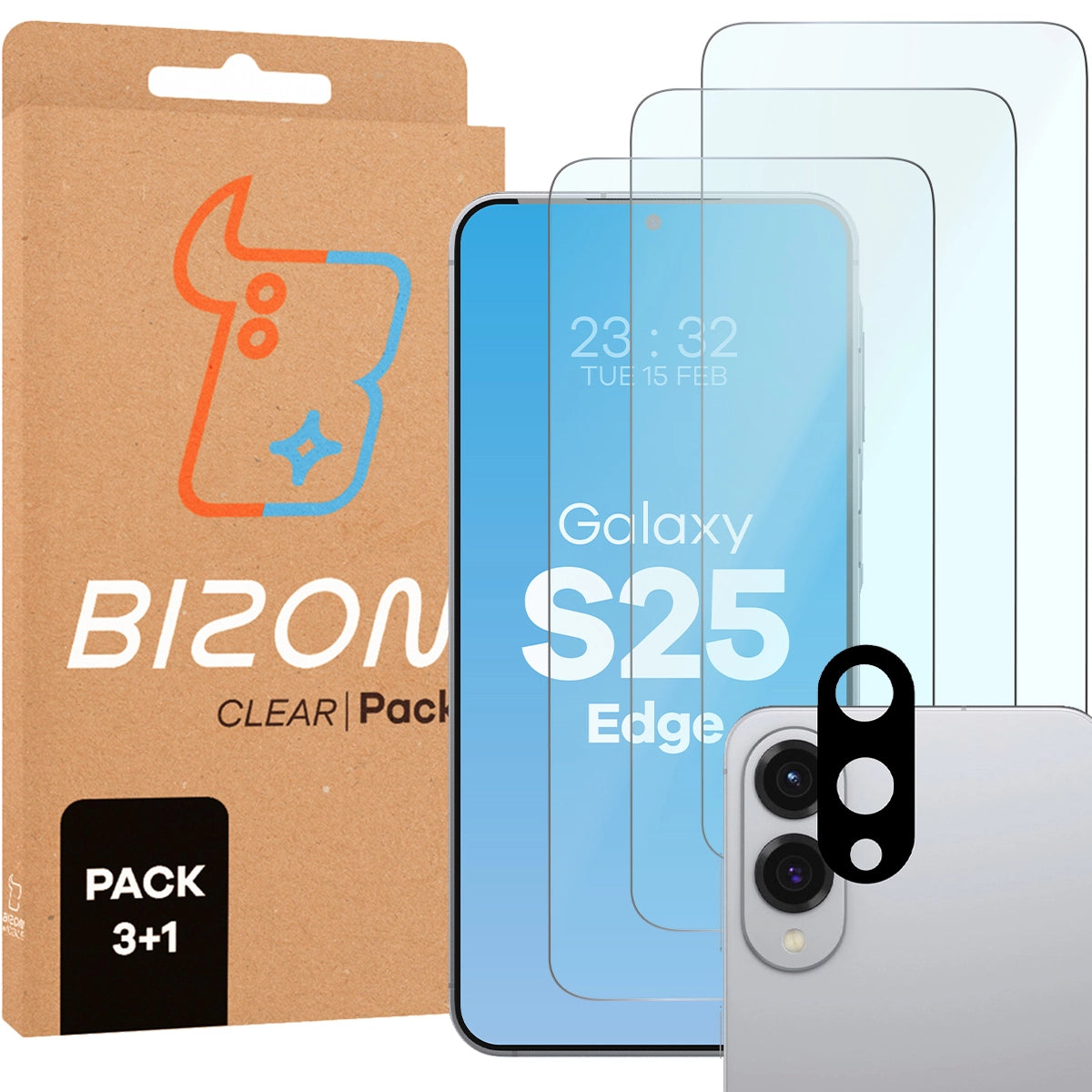 Gehärtetes Glas - 3 Stück + Kameraschutz für Samsung Galaxy S25 Edge, Bizon Glass Clear Pack