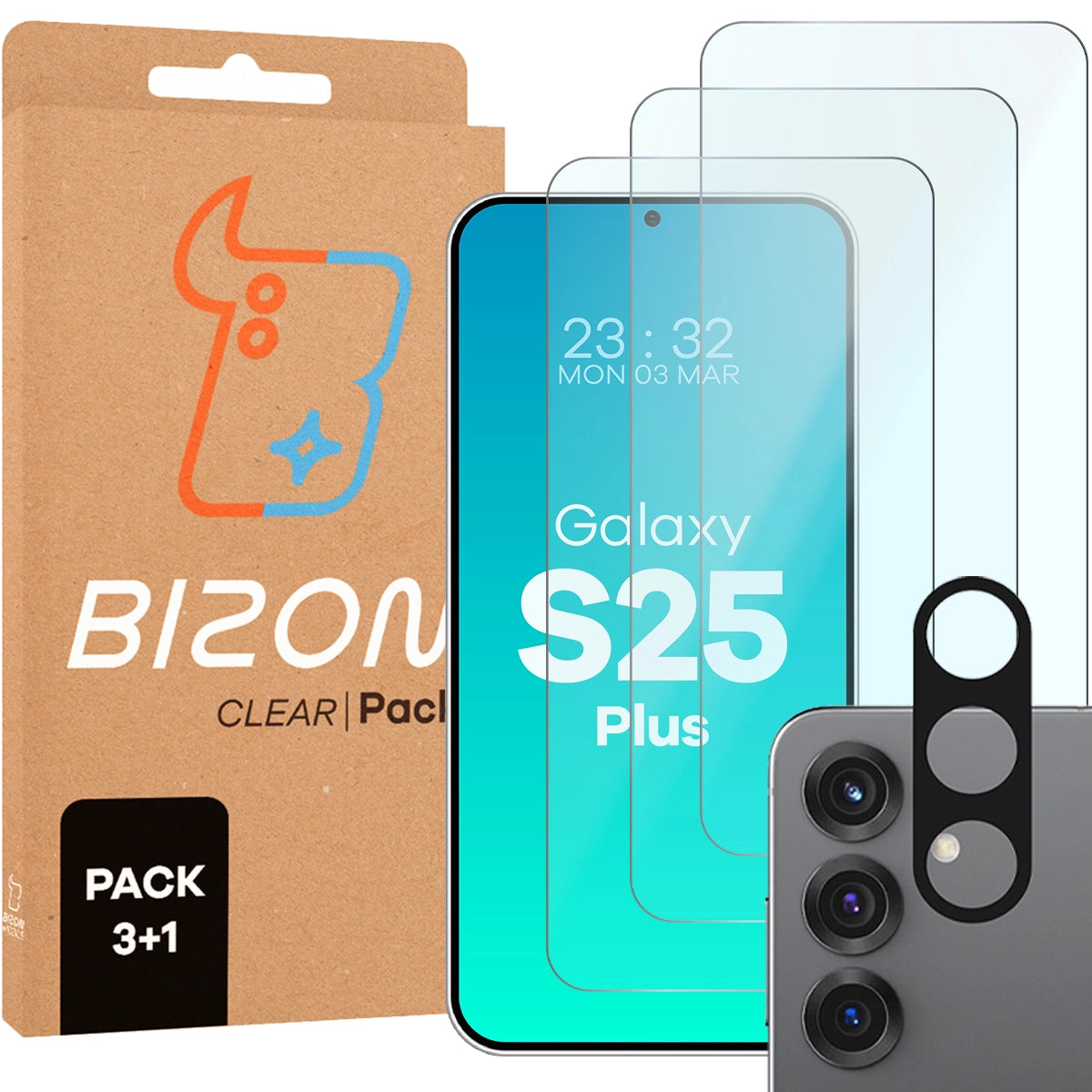 Gehärtetes Glas - 3 Stück + Kameraschutz für Galaxy S25 Plus, Bizon Glass Clear Pack