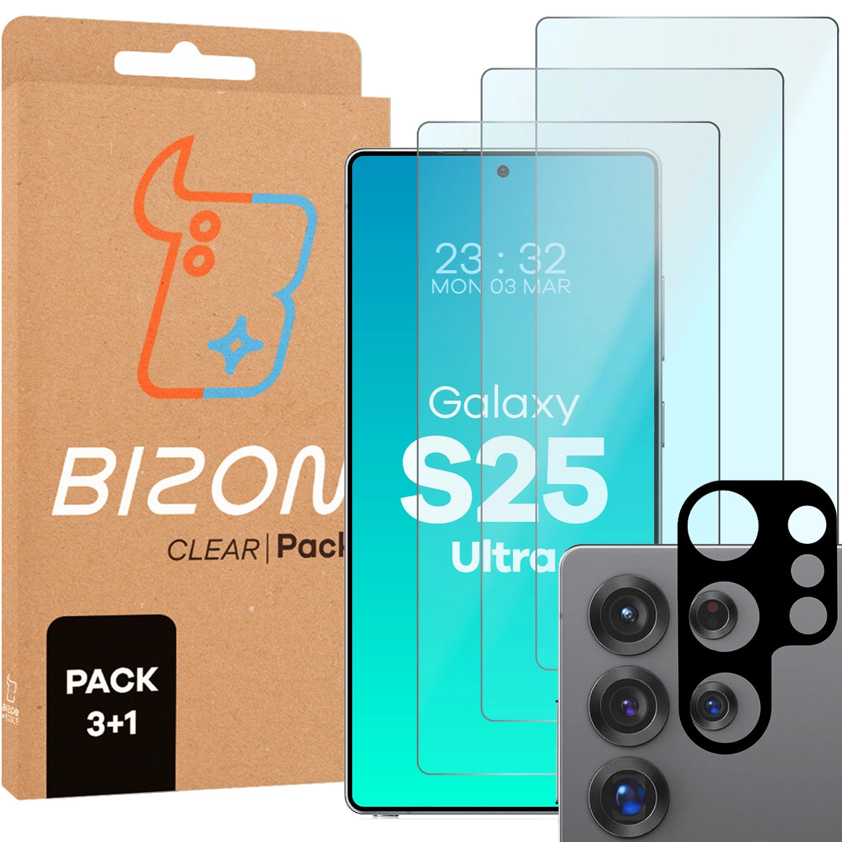 Gehärtetes Glas - 3 Stück + Kameraschutz für Galaxy S25 Ultra, Bizon Glass Clear Pack
