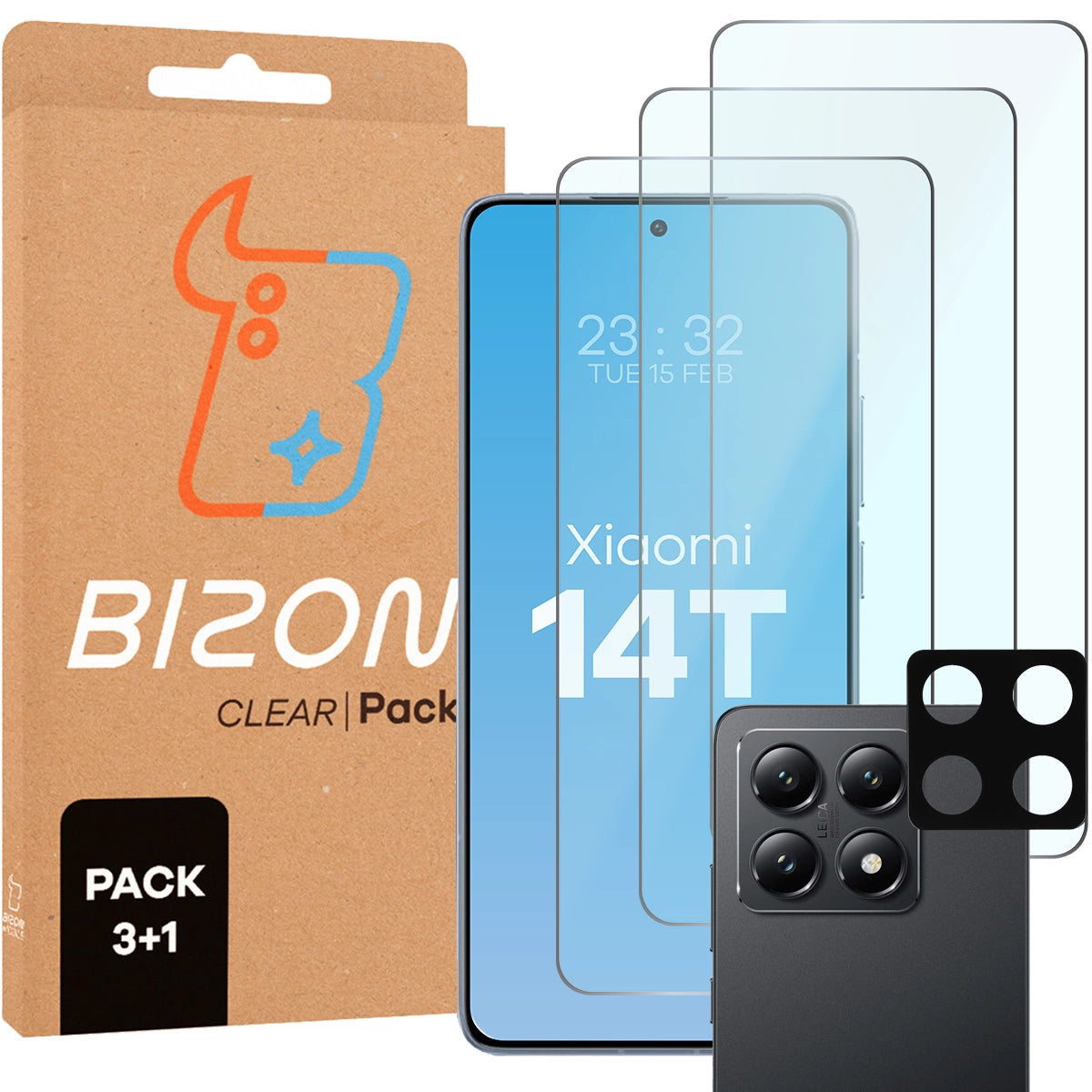 Gehärtetes Glas - 3 Stück + Kameraschutz für Xiaomi 14T, Bizon Glass Clear Pack