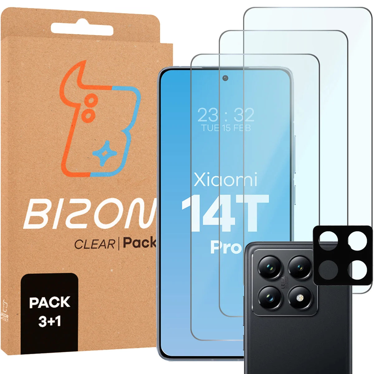 Gehärtetes Glas - 3 Stück + Kameraschutz für Xiaomi 14T Pro, Bizon Glass Clear Pack