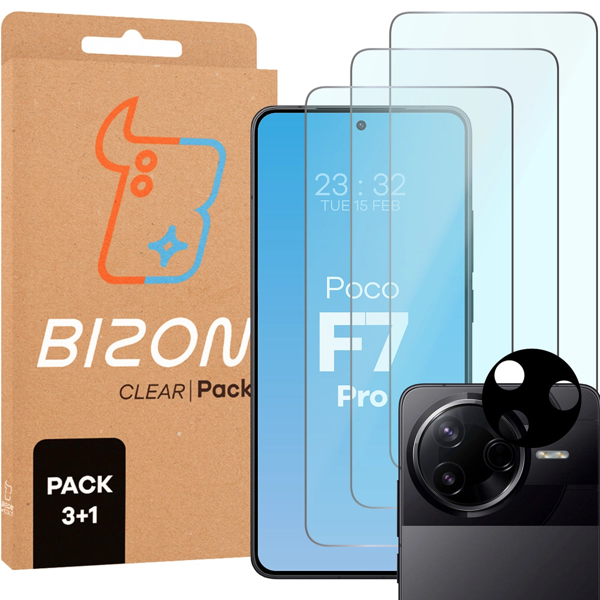 Gehärtetes Glas - 3 Stück + Kameraschutz für Xiaomi Poco F7 Pro, Bizon Glass Clear Pack