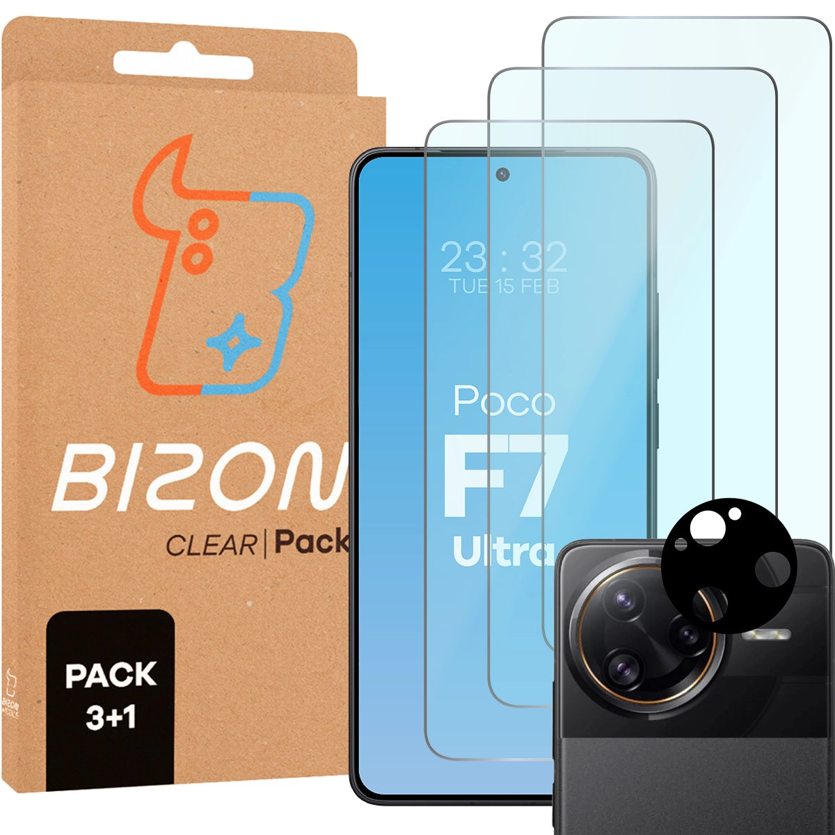 Gehärtetes Glas - 3 Stück + Kameraschutz für Xiaomi Poco F7 Ultra, Bizon Glass Clear Pack