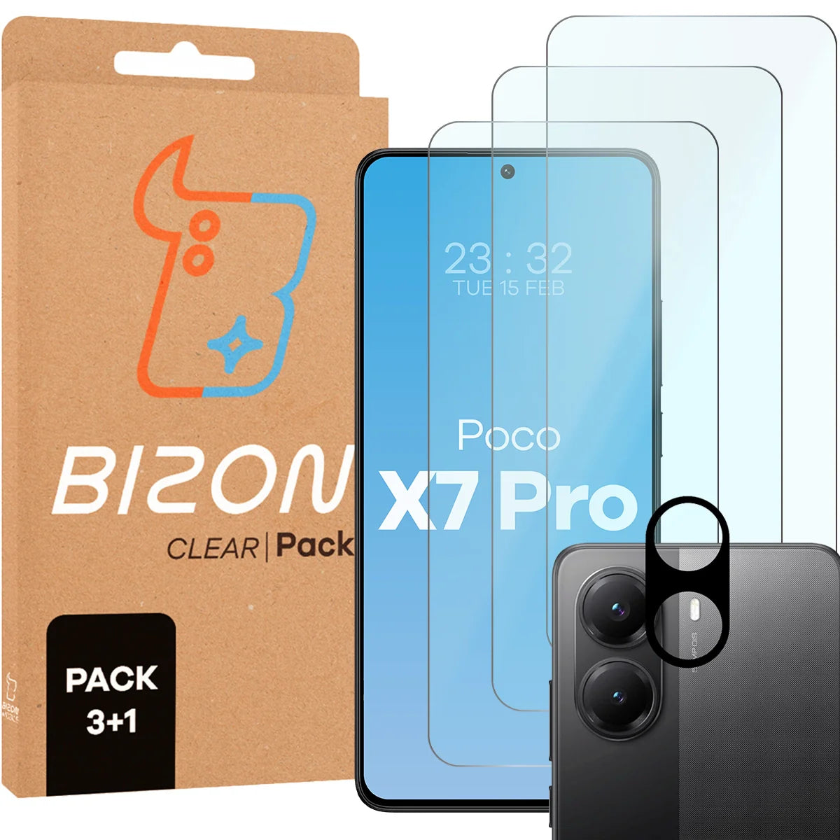Gehärtetes Glas - 3 Stück + Kameraschutz für Xiaomi POCO X7 Pro, Bizon Glass Clear Pack