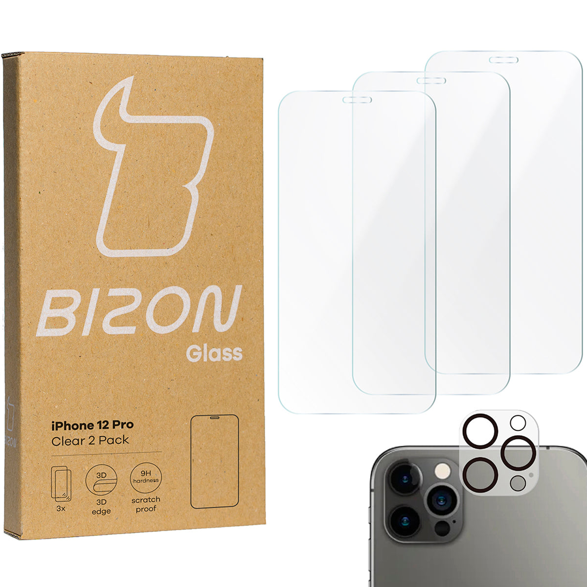 Gehärtetes Glas - 3 Stück + Kameraschutz für iPhone 12 Pro, Bizon Glass Clear Pack