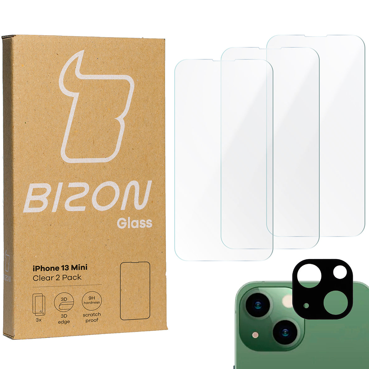 Gehärtetes Glas - 3 Stück + Kameraschutz für iPhone 13 Mini, Bizon Glass Clear Pack