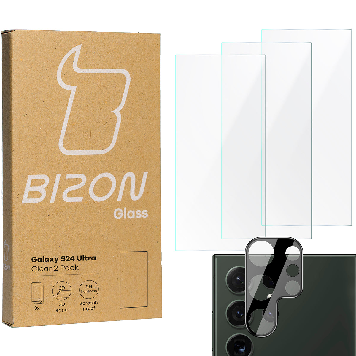 Gehärtetes Glas - 3 Stück + Kameraschutz für Galaxy S24 Ultra, Bizon Glass Clear Pack