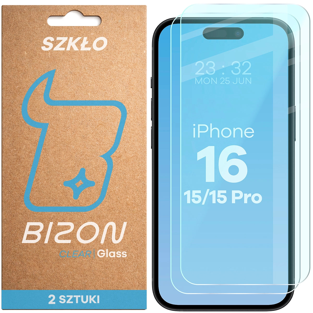 Gehärtetes Glas für iPhone 15 / 15 Pro / 16 , Bizon Glass Clear Duo, 2 Stück