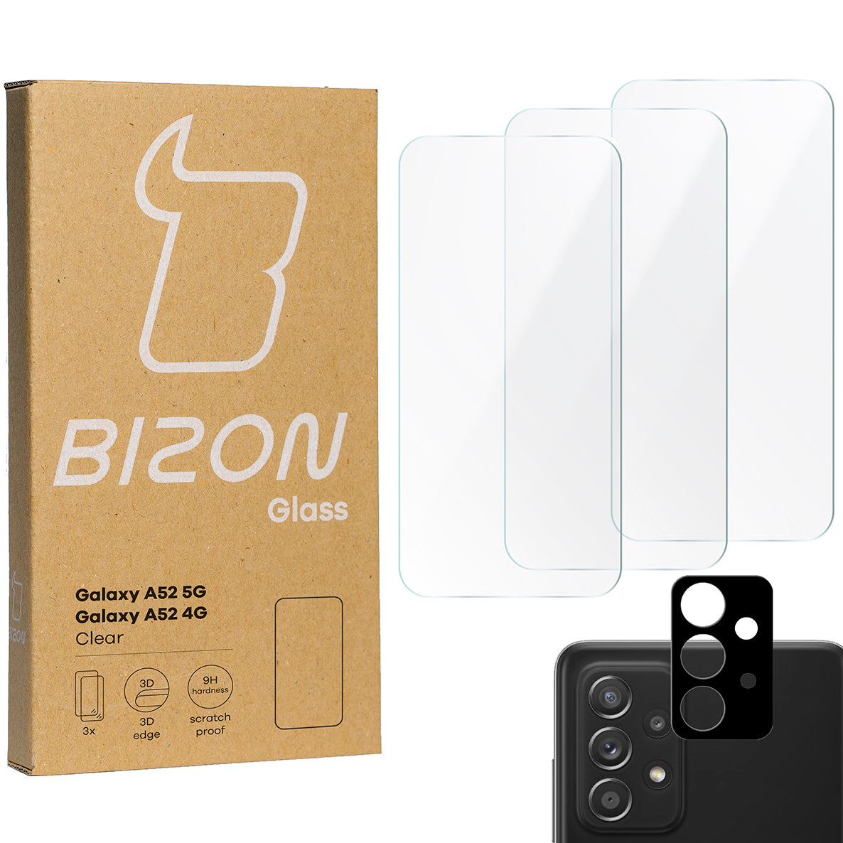 Gehärtetes Glas - 3 Stück + Kameraschutz für Galaxy A52s 5G, A52 4G/5G, Bizon Glass Clear Pack
