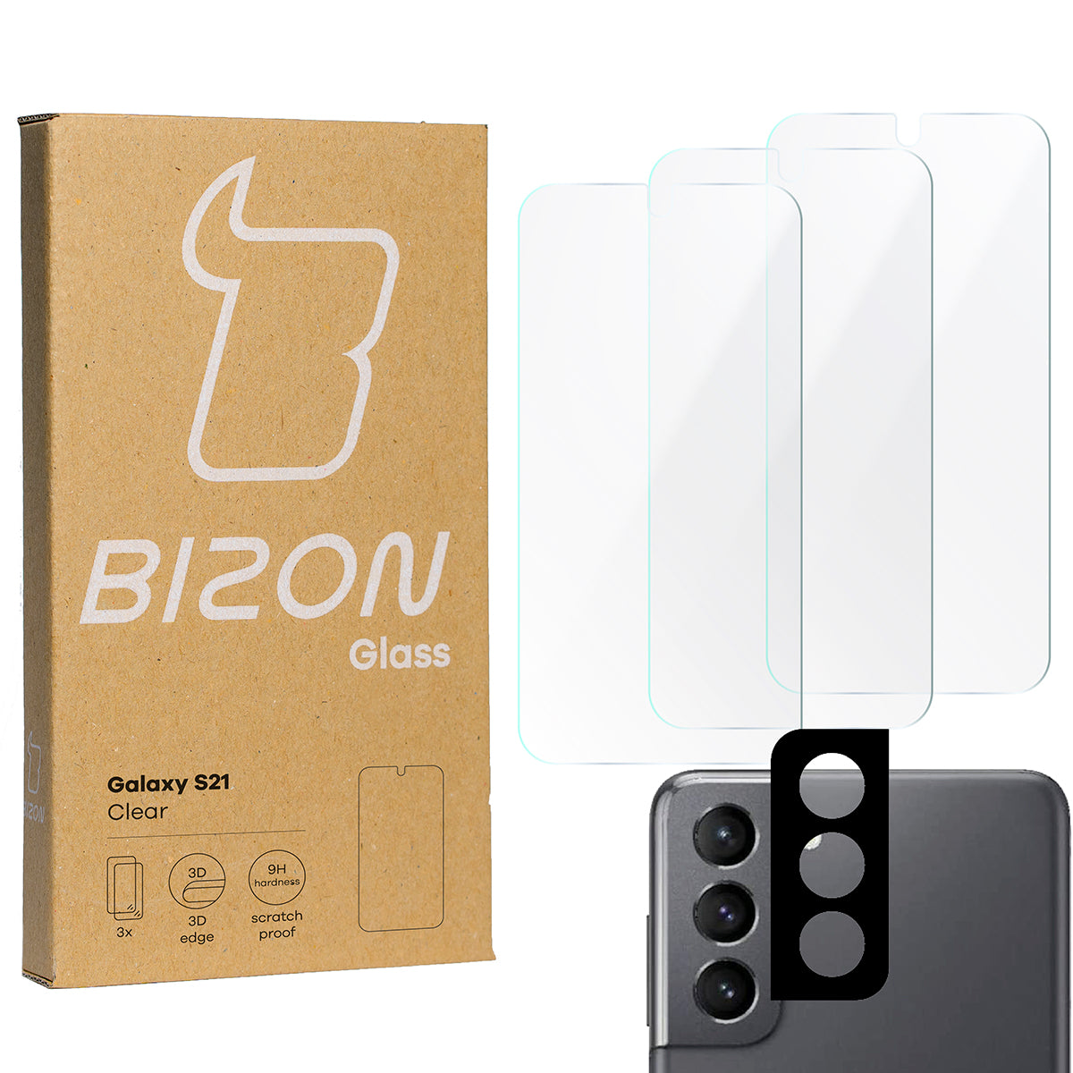 Gehärtetes Glas - 3 Stück + Kameraschutz für Galaxy S21 5G, Bizon Glass Clear Pack