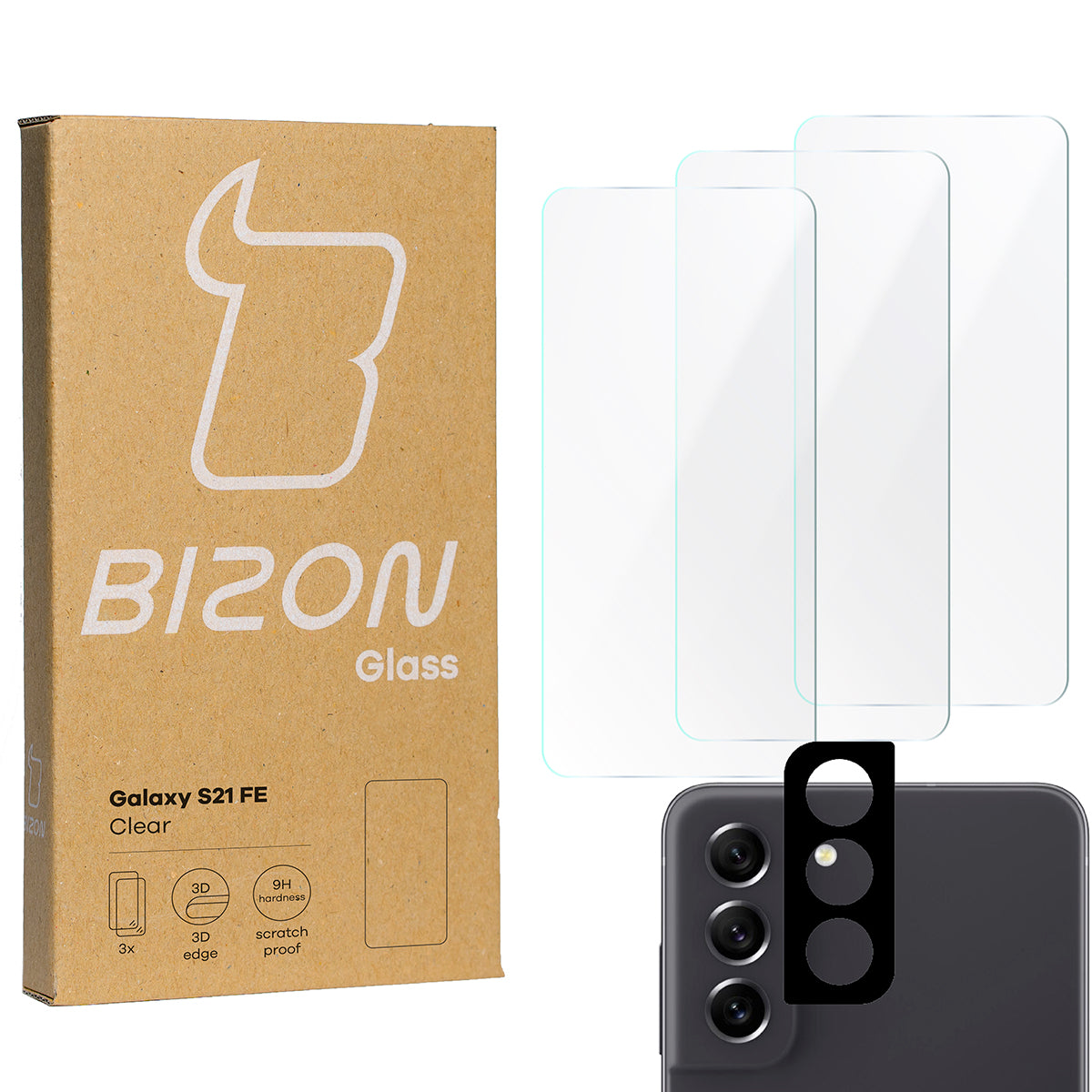 Gehärtetes Glas - 3 Stück + Kameraschutz für Galaxy S21 FE, Bizon Glass Clear Pack