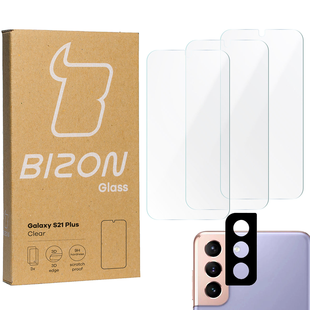 Gehärtetes Glas - 3 Stück + Kameraschutz für Galaxy S21 Plus 5G, Bizon Glass Clear Pack