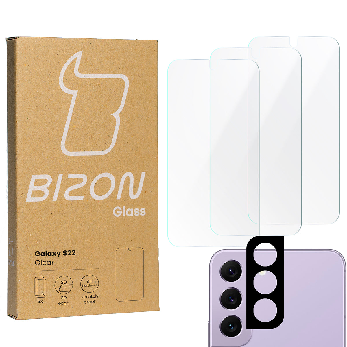 Gehärtetes Glas - 3 Stück + Kameraschutz für Galaxy S22, Bizon Glass Clear Pack