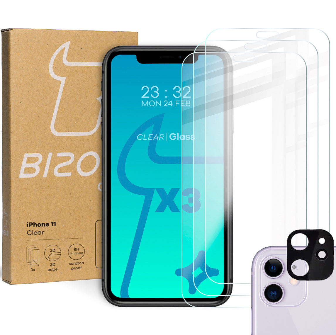Gehärtetes Glas - 3 Stück + Kameraschutz für iPhone 11, Bizon Glass Clear Pack