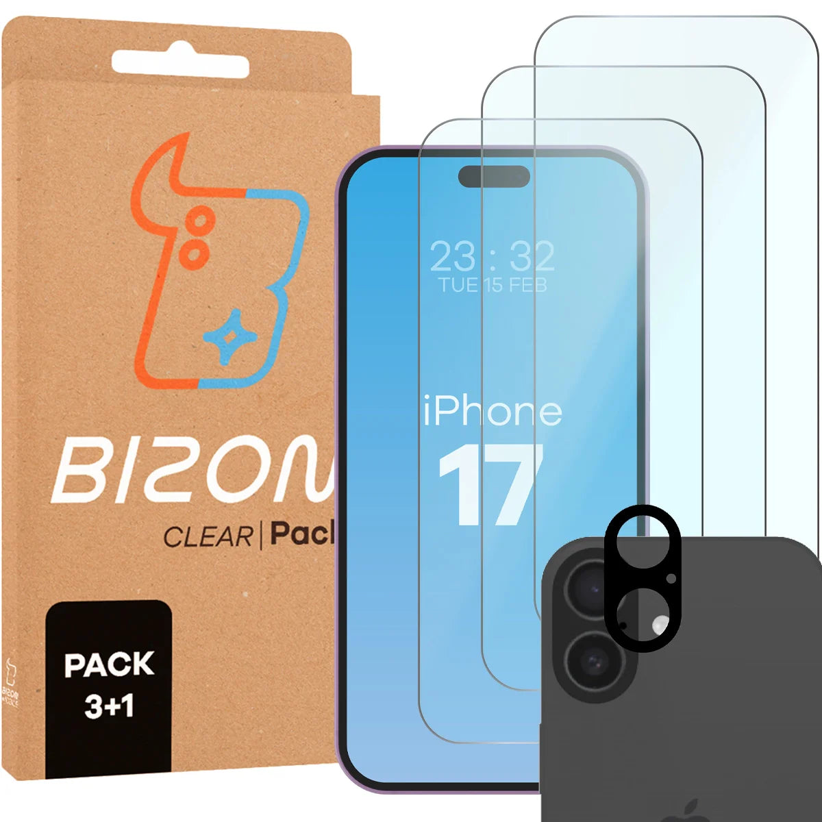 Gehärtetes Glas - 3 Stück + Kameraschutz für iPhone 17, Bizon Glass Clear Pack