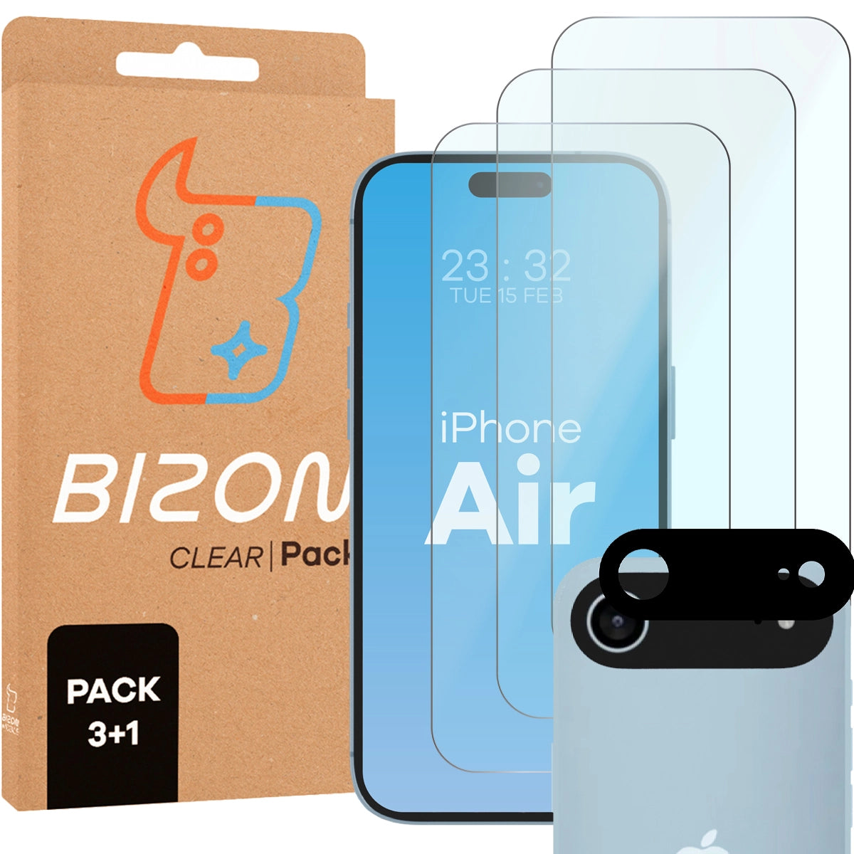 Gehärtetes Glas - 3 Stück + Kameraschutz für iPhone Air, Bizon Glass Clear Pack