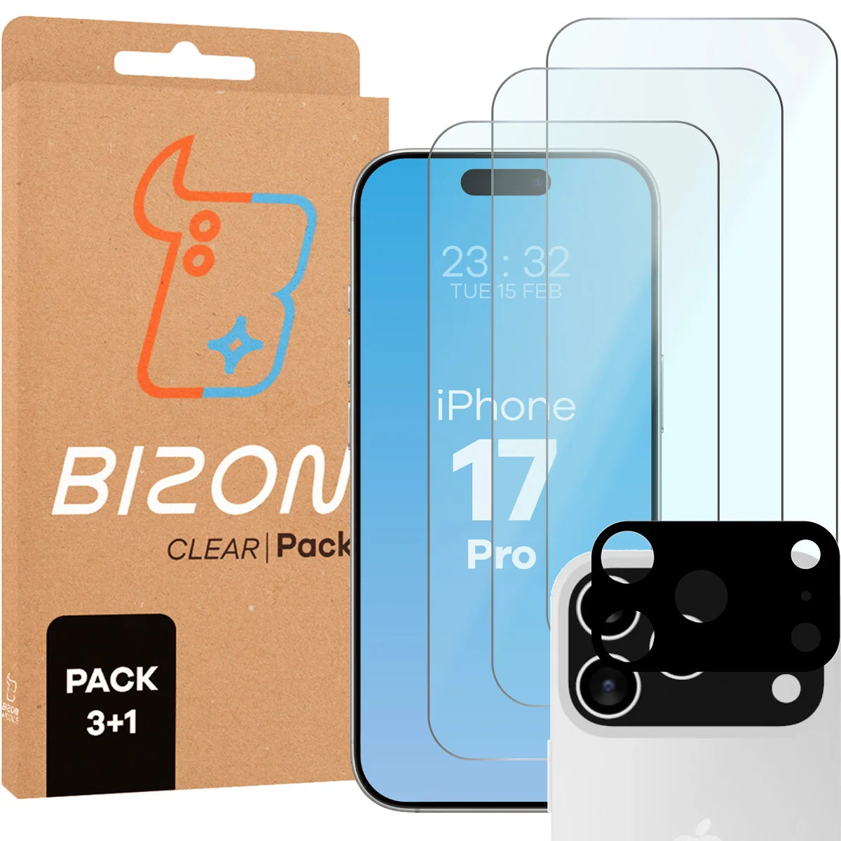 Gehärtetes Glas - 3 Stück + Kameraschutz für iPhone 17 Pro, Bizon Glass Clear Pack