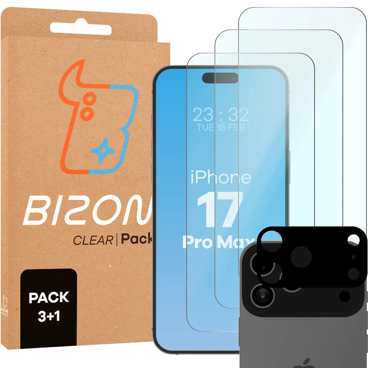 Gehärtetes Glas - 3 Stück + Kameraschutz für iPhone 17 Pro Max, Bizon Glass Clear Pack