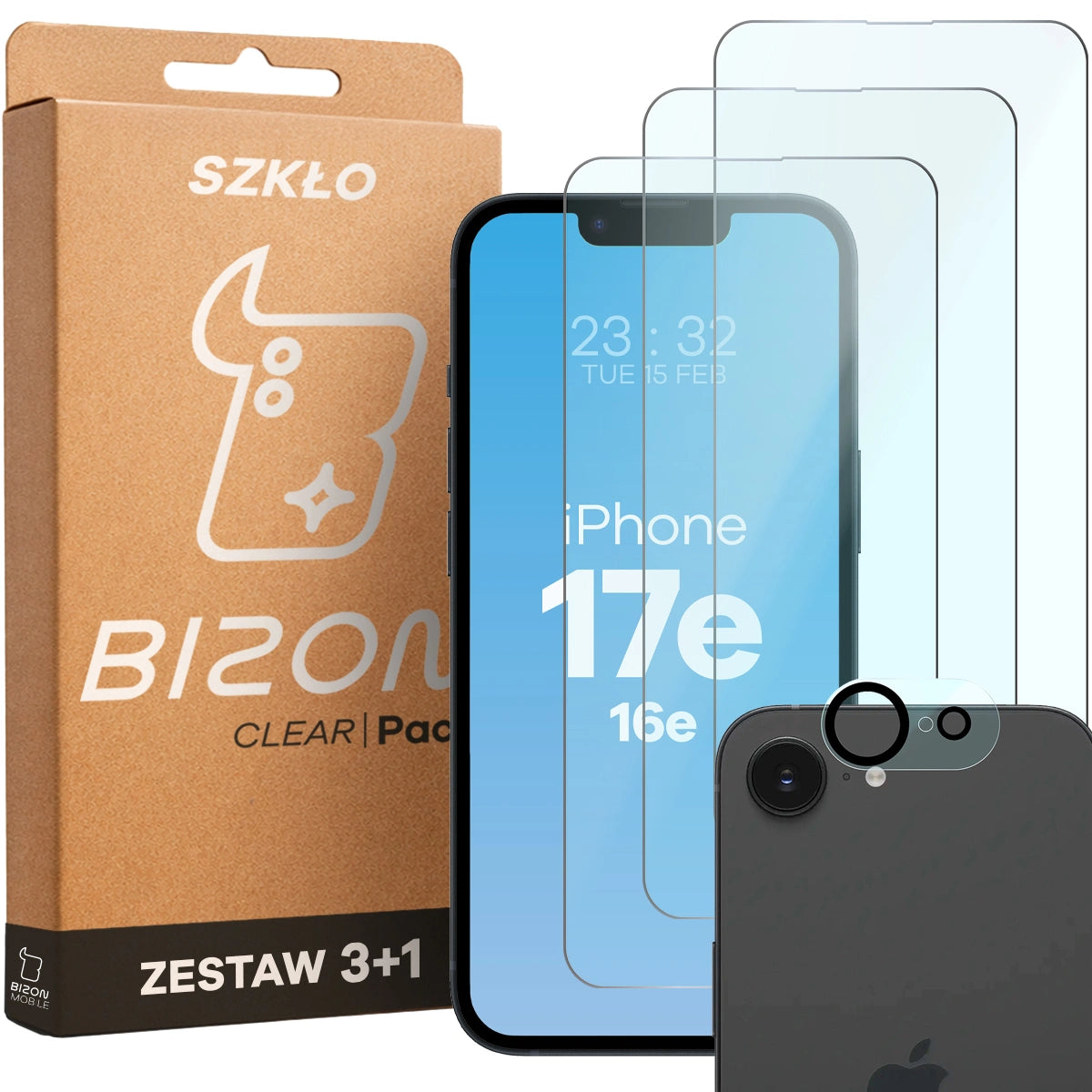Gehärtetes Glas - 3 Stück + Kameraschutz für iPhone 17e / 16e, Bizon Glass Clear Pack