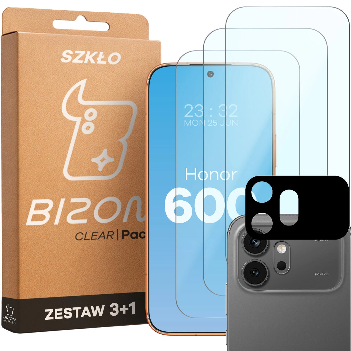 Gehärtetes Glas - 3 Stück + Kameraschutz für Honor 600 5G, Bizon Glass Clear Pack