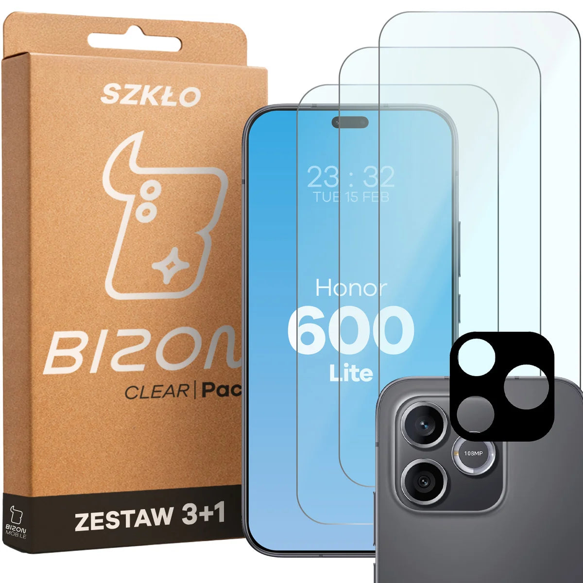 Gehärtetes Glas - 3 Stück + Kameraschutz für Honor 600 Lite 5G, Bizon Glass Clear Pack