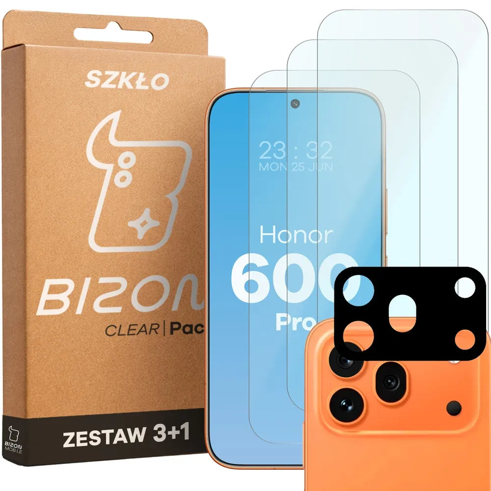 Gehärtetes Glas - 3 Stück + Kameraschutz für HONOR 600 Pro 5G, Bizon Glass Clear Pack (1/6)