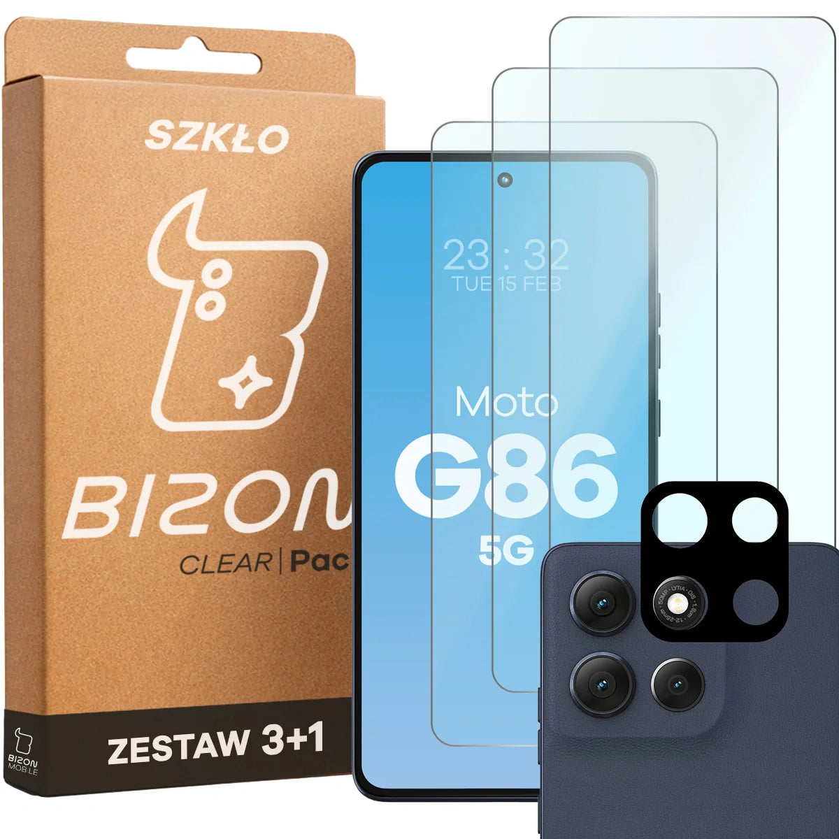 Gehärtetes Glas - 3 Stück + Kameraschutz für Motorola Moto G86 5G, Bizon Glass Clear Pack