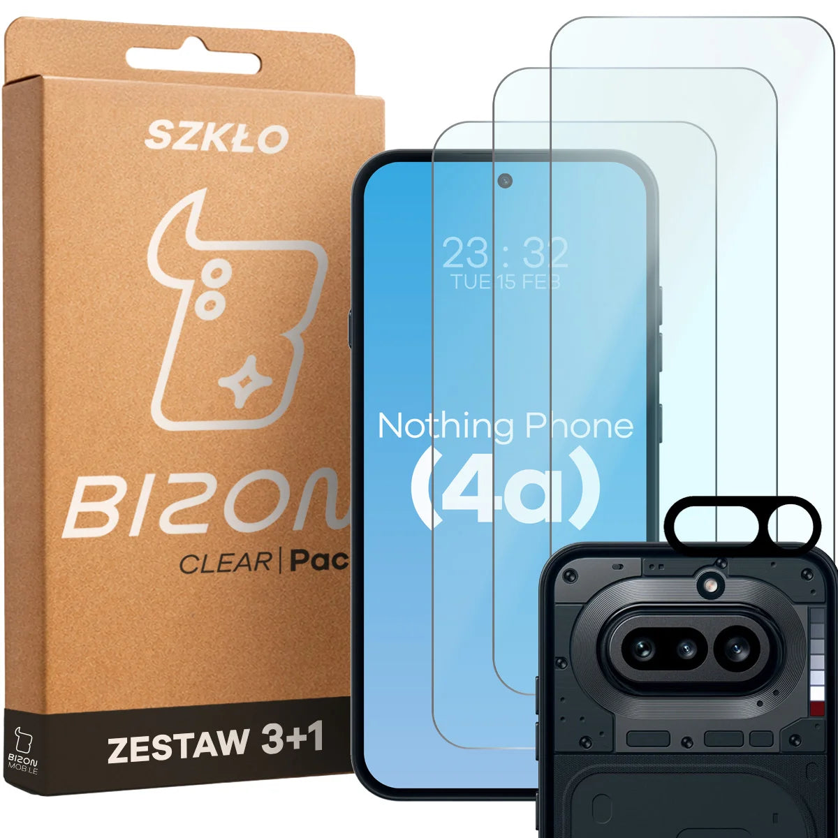 Gehärtetes Glas - 3 Stück + Kameraschutz für Nothing Phone (4a), Bizon Glass Clear Pack