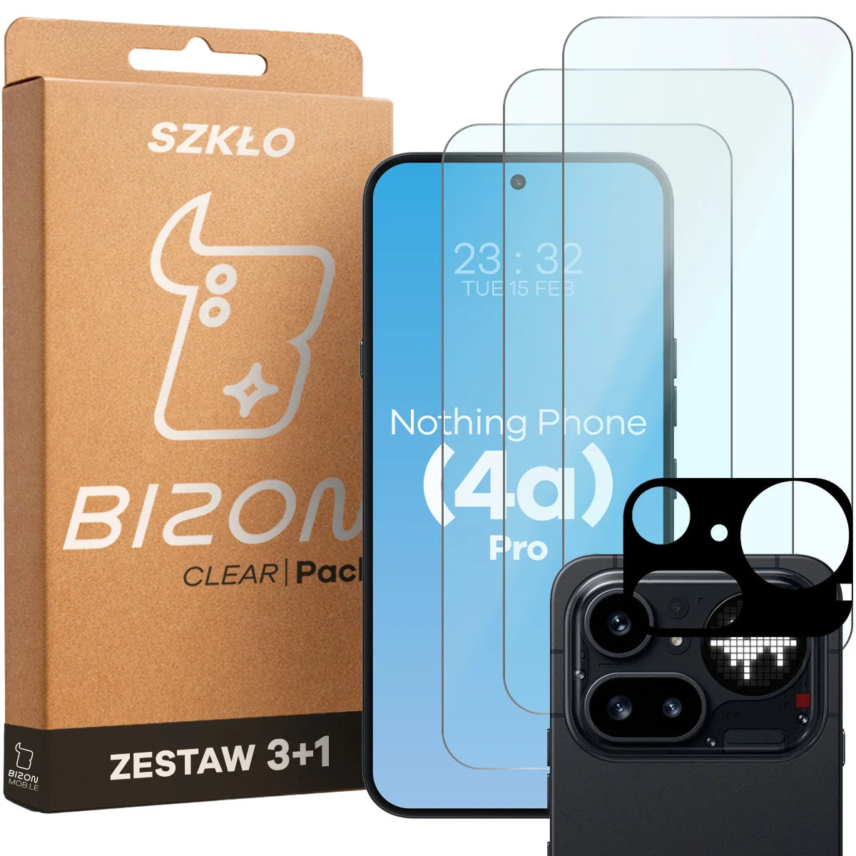 Gehärtetes Glas - 3 Stück + Kameraschutz für Nothing Phone (4a) Pro, Bizon Glass Clear Pack