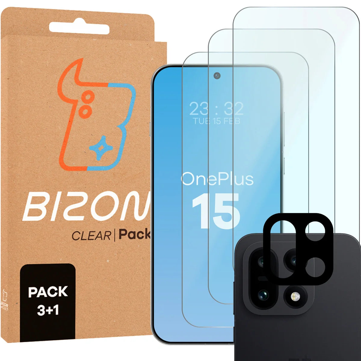 Gehärtetes Glas - 3 Stück + Kameraschutz für OnePlus 15, Bizon Glass Clear Pack