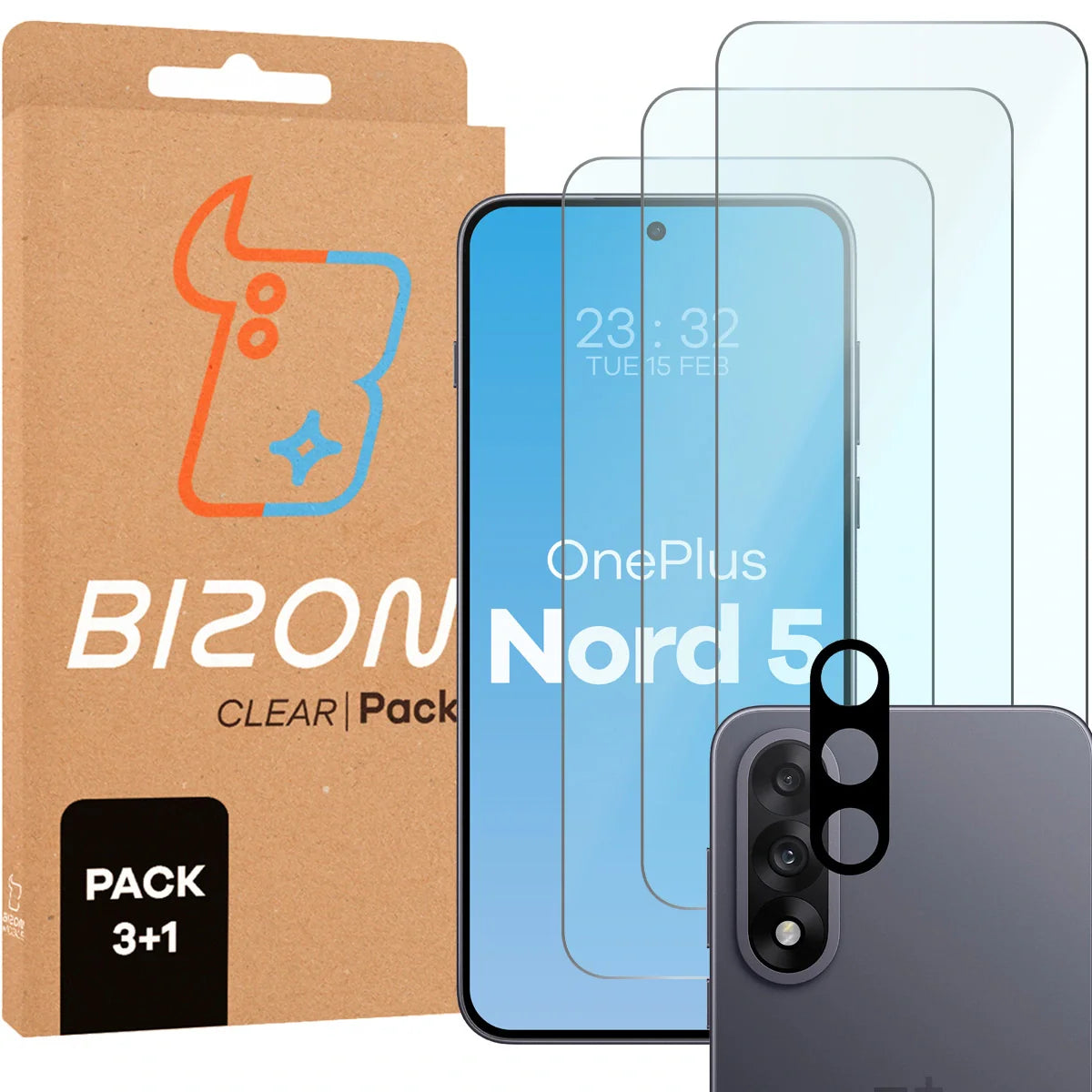 Gehärtetes Glas - 3 Stück + Kameraschutz für OnePlus Nord 5, Bizon Glass Clear Pack