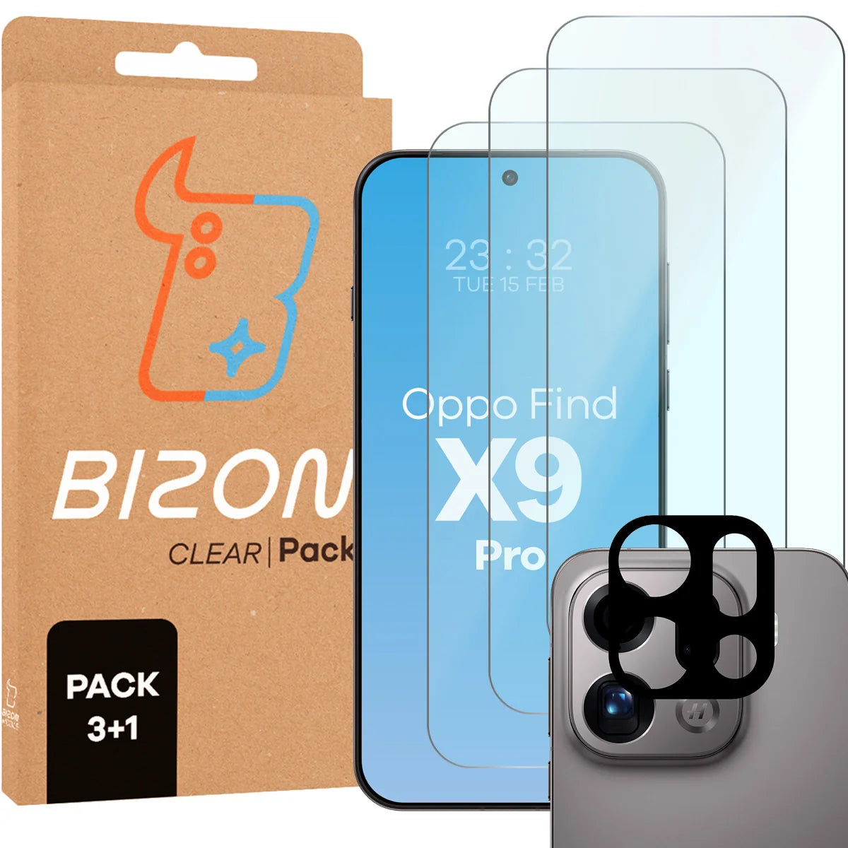 Gehärtetes Glas - 3 Stück + Kameraschutz für Oppo Find X9 Pro, Bizon Glass Clear Pack