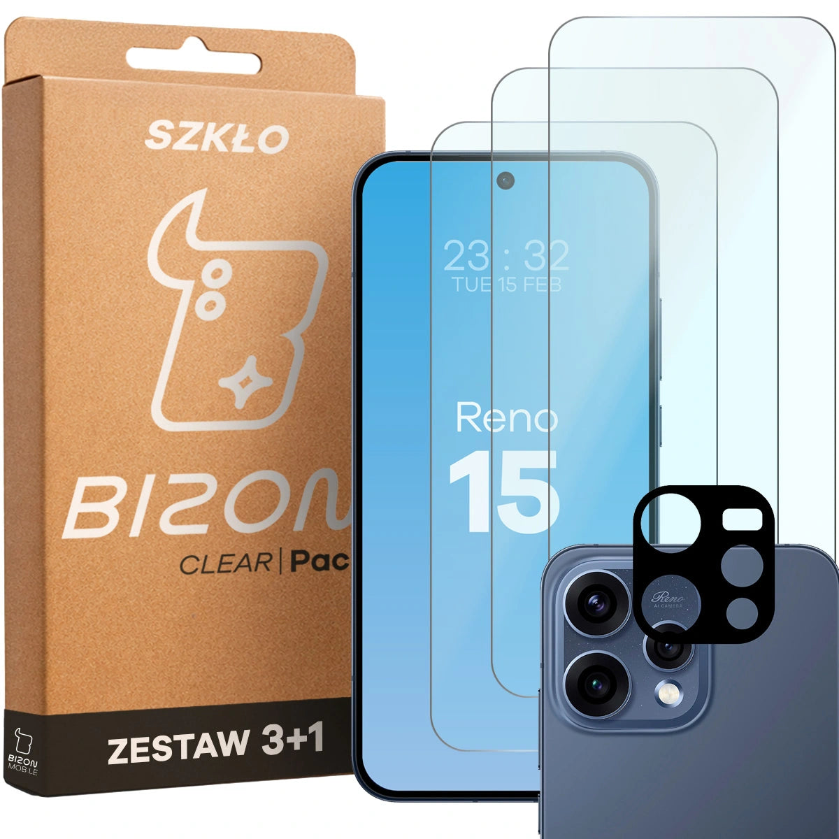 Gehärtetes Glas - 3 Stück + Kameraschutz für Oppo Reno 15, Bizon Glass Clear Pack