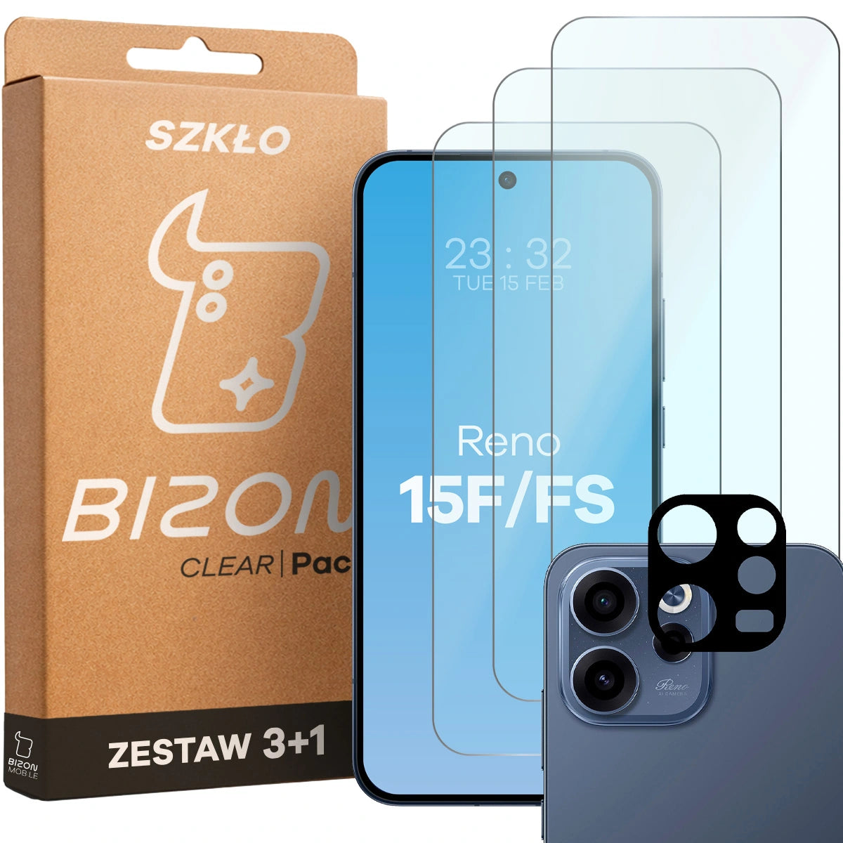 Gehärtetes Glas - 3 Stück + Kameraschutz für Oppo Reno 15 F / FS, Bizon Glass Clear Pack