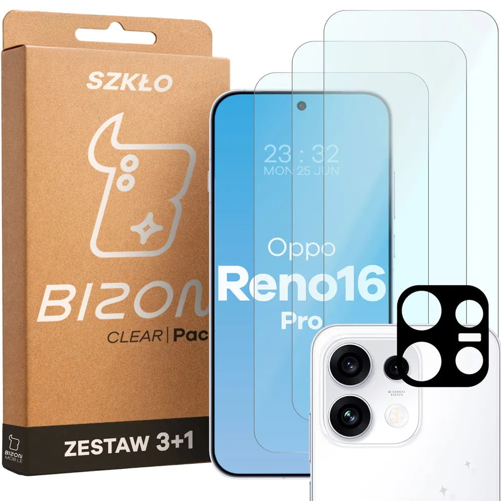 Gehärtetes Glas - 3 Stück + Kameraschutz für OPPO Reno16 Pro, Bizon Glass Clear Pack (1/6)