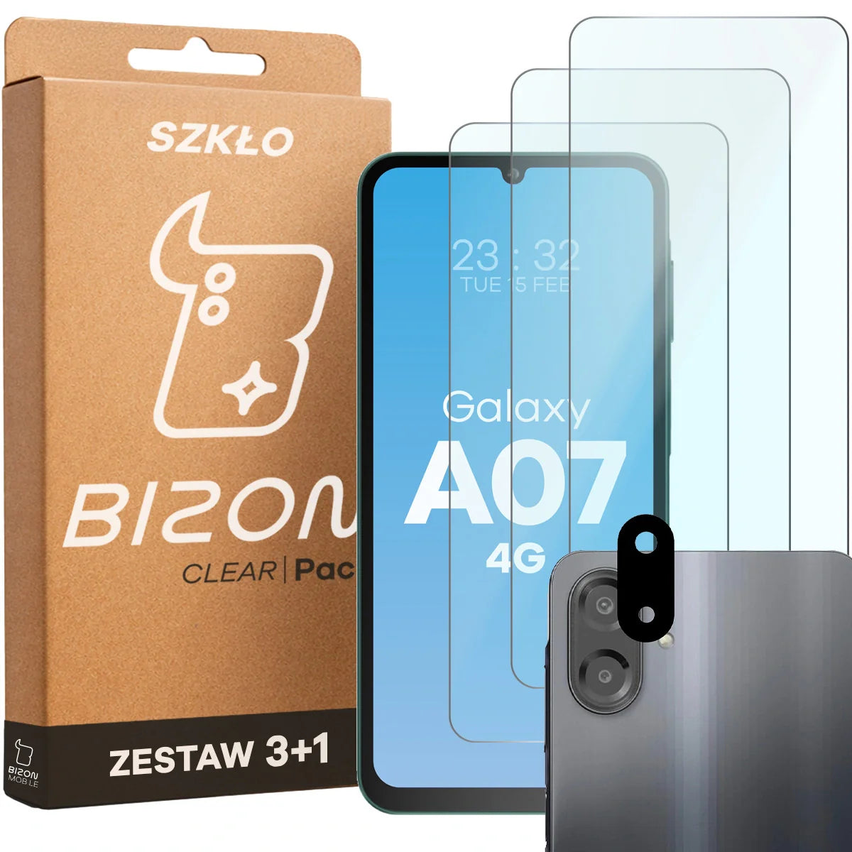 Gehärtetes Glas - 3 Stück + Kameraschutz für Galaxy A07 4G, Bizon Glass Clear Pack