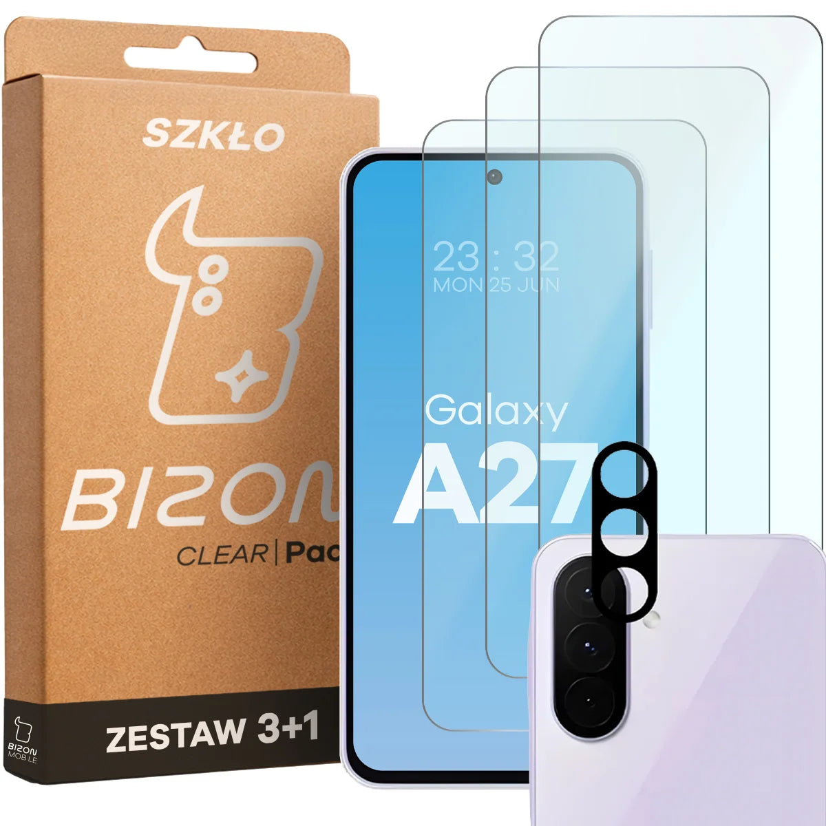 Gehärtetes Glas - 3 Stück + Kameraschutz für Galaxy A27 5G, Bizon Glass Clear Pack