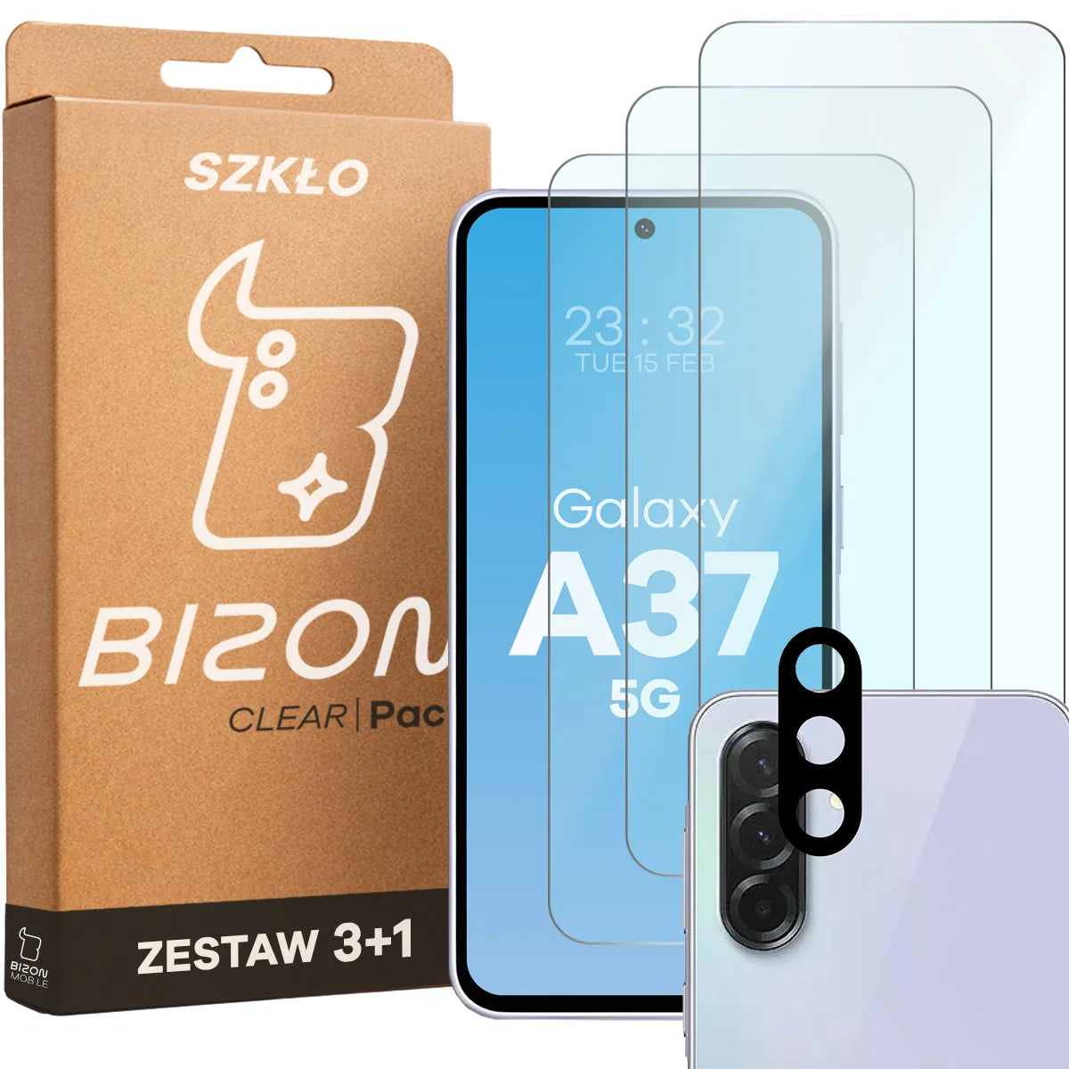 Gehärtetes Glas - 3 Stück + Kameraschutz für Galaxy A37 5G, Bizon Glass Clear Pack