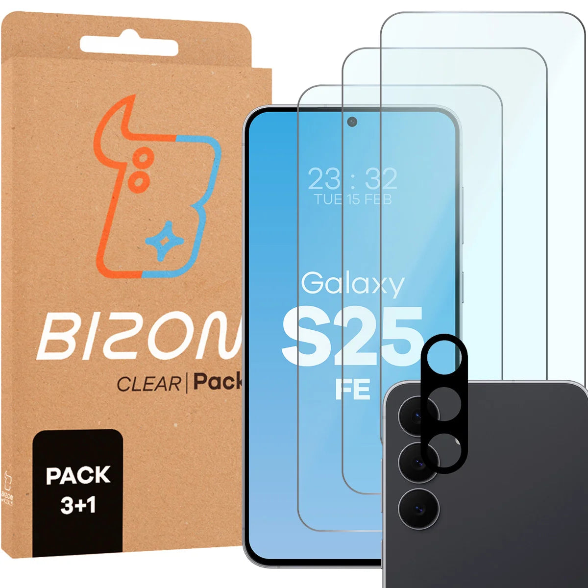 Gehärtetes Glas - 3 Stück + Kameraschutz für Galaxy S25 FE, Bizon Glass Clear Pack