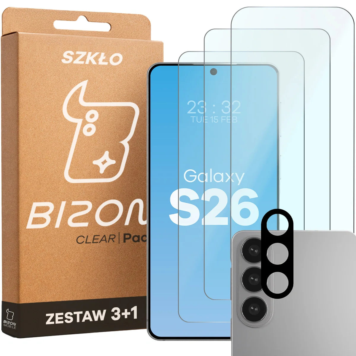 Gehärtetes Glas - 3 Stück + Kameraschutz für Galaxy S26, Bizon Glass Clear Pack