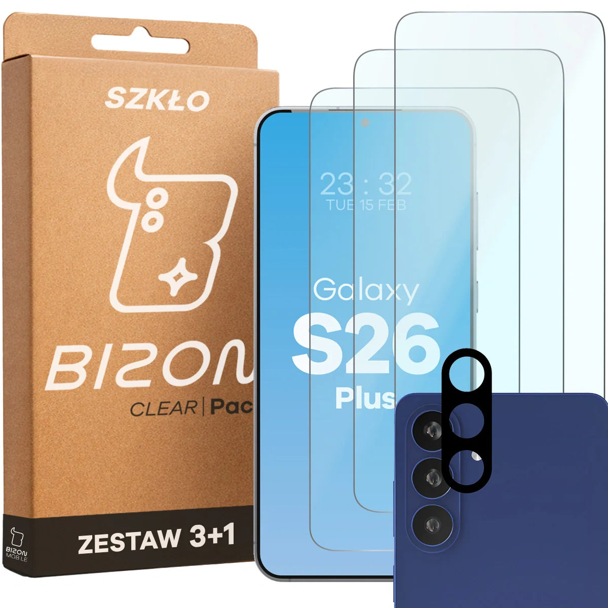 Gehärtetes Glas - 3 Stück + Kameraschutz für Galaxy S26 Plus, Bizon Glass Clear Pack