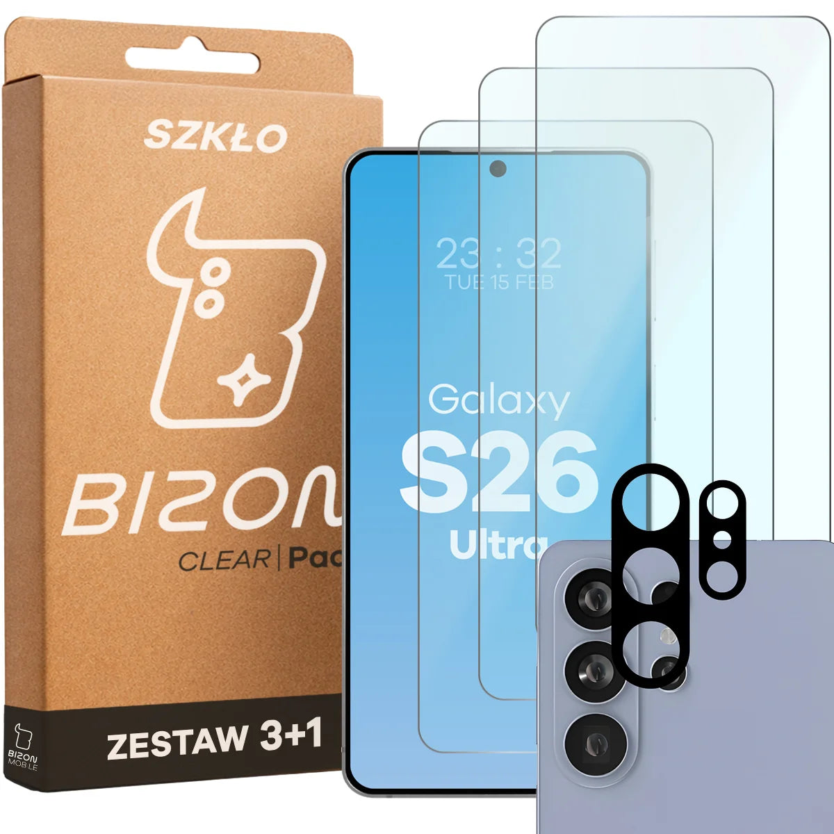 Gehärtetes Glas - 3 Stück + Kameraschutz für Galaxy S26 Ultra, Bizon Glass Clear Pack