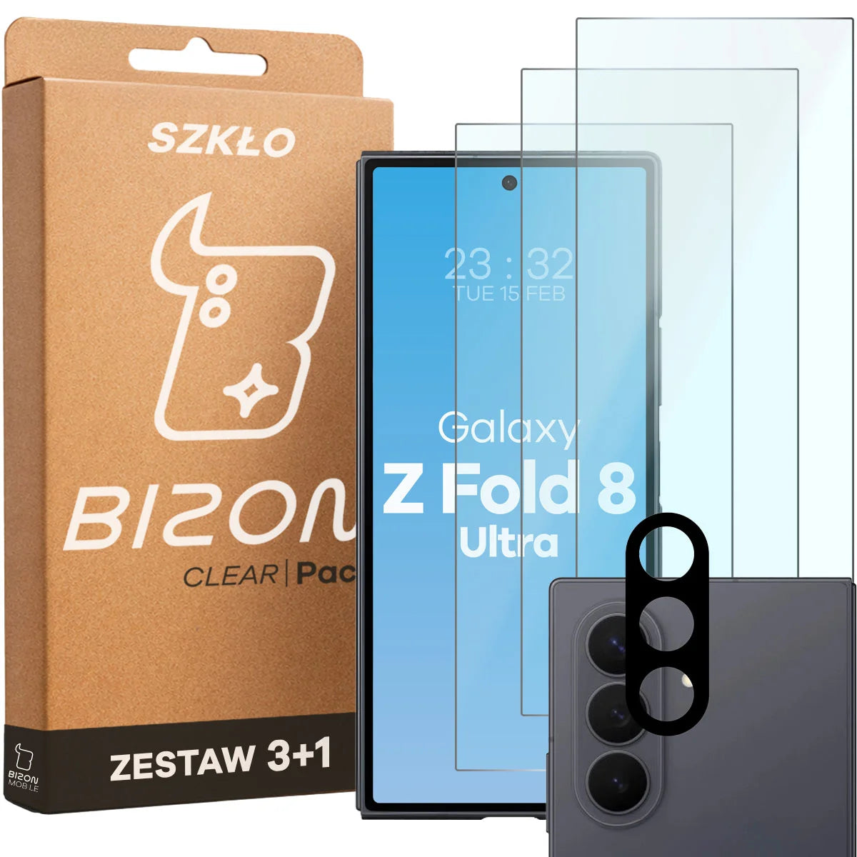 Gehärtetes Glas - 3 Stück + Kameraschutz für Galaxy Z Fold8 Ultra, Bizon Glass Clear Pack