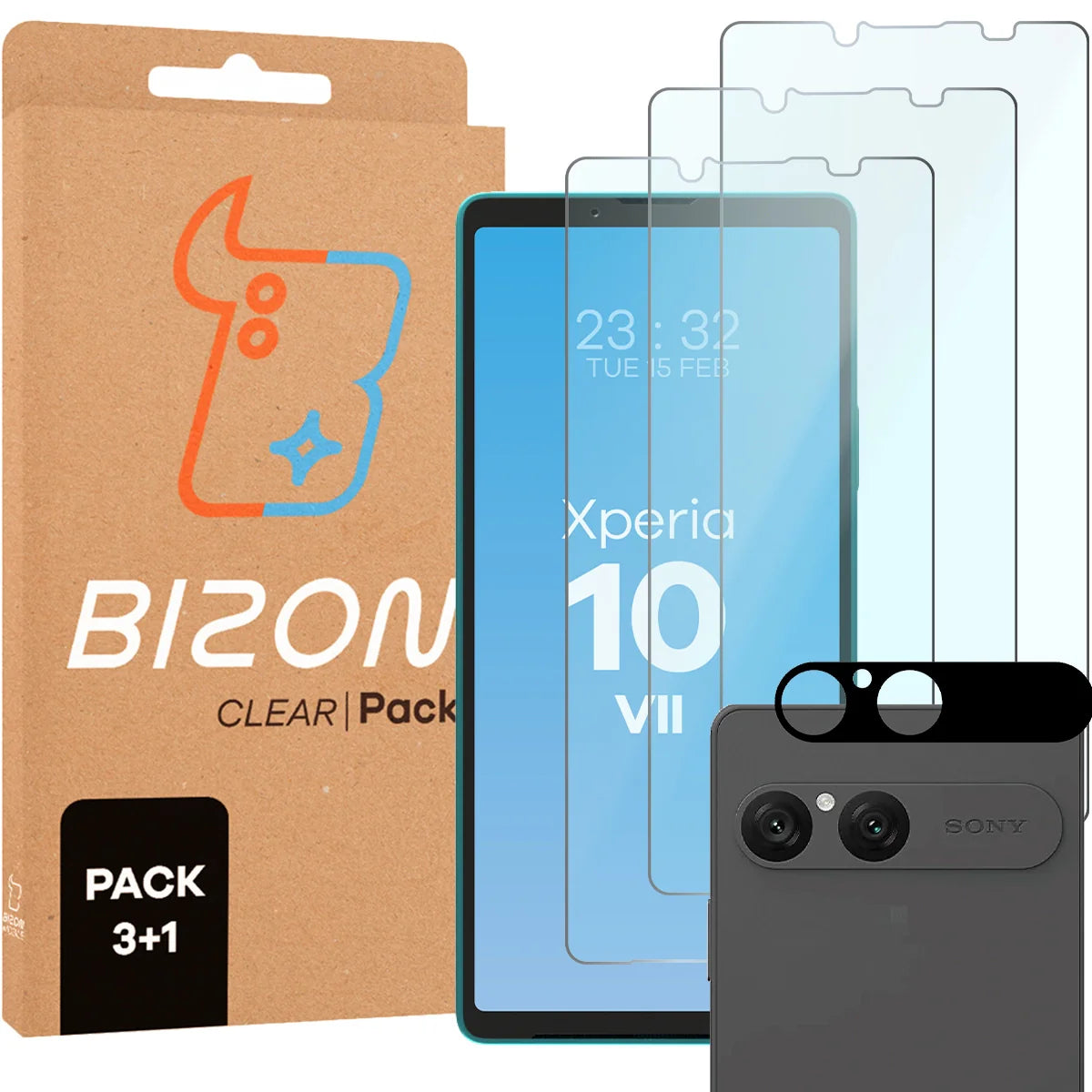 Gehärtetes Glas - 3 Stück + Kameraschutz für Sony Xperia 10 VII, Bizon Glass Clear Pack