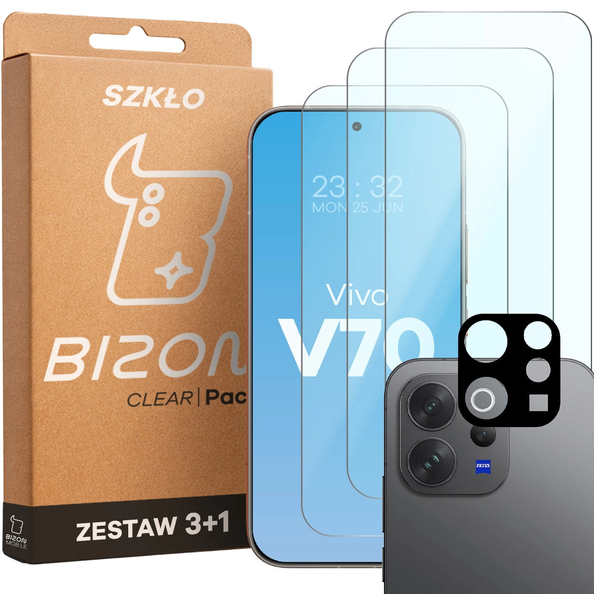 Gehärtetes Glas - 3 Stück + Kameraschutz für Vivo V70 5G, Bizon Glass Clear Pack