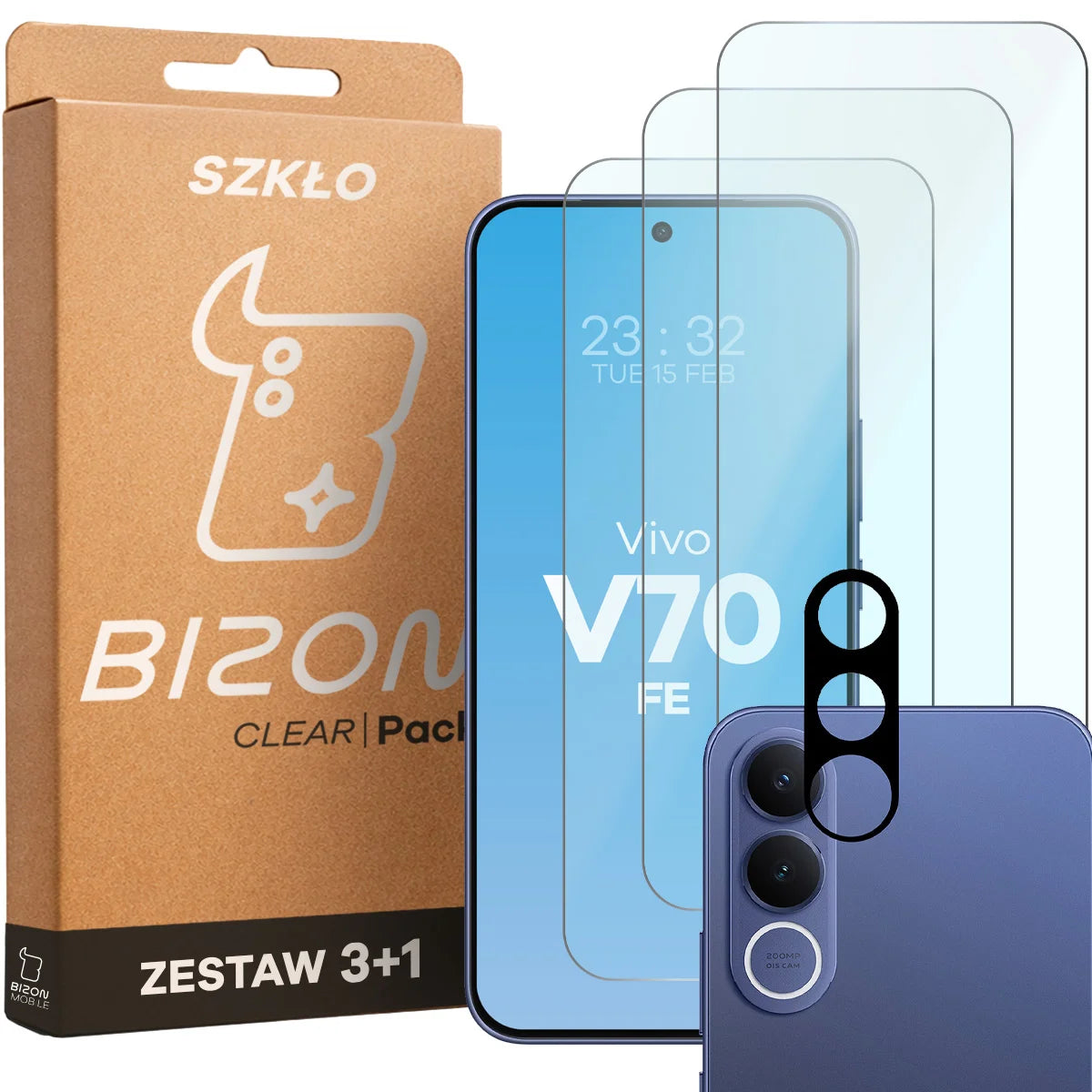 Gehärtetes Glas - 3 Stück + Kameraschutz für Vivo V70 FE 5G, Bizon Glass Clear Pack